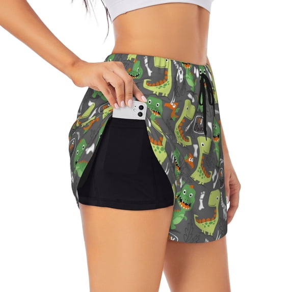 Uemuo Cartoon Dinosaurs (2) Pattern Women's Athletic Shorts High Waisted Running Shorts with Liner Pockets Gym Elastic Workout Shorts-Large