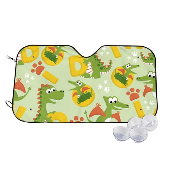 Uemuo Cartoon Dinosaurs Pattern Accordion Car Windshield Sun Shade, Foldable Reflective Sun Visor for Car, Reflector Windshield Sunshade-