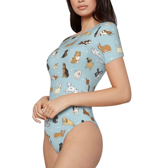 Uemuo Cartoon Doodle Puppy Pattern Women's One Piece Short Sleeve Swimsuit Rash Guard Surfing Modest Quick-drying Swimsuit Beach Essentials-X-Large
