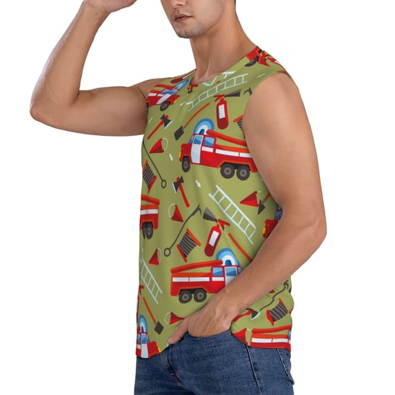 Uemuo Cartoon Fire Truck Pattern Men's Sleeveless T-Shirt,Muscle Athletic Tank Top, Moisture-wicking Quick-dry Breathable Classic Tee Top for Gym Run Outdoor Sports-X-Large