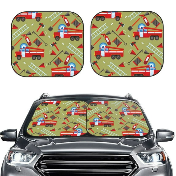 Uemuo Cartoon Fire Truck Printed 2 PCS Car Windshield Sun Shade, Auto Sun Heat and UV Rays Blocker, Foldable Automotive Front Window Sunshade Protector