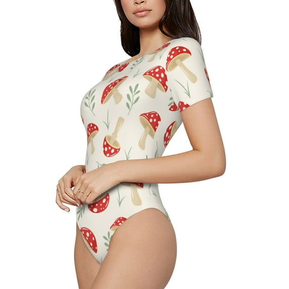 Uemuo Cartoon Flat Mushrooms Pattern Women's One Piece Short Sleeve Swimsuit Rash Guard Surfing Modest Quick-drying Swimsuit Beach Essentials-XX-Large