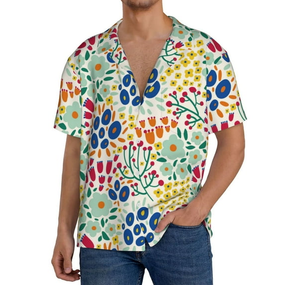 Uemuo Cartoon Flowers Pattern Cotton Linen Short Sleeve Shirts,Casual Lightweight Button Down Shirts,Vacation Beach Summer Tops-Small