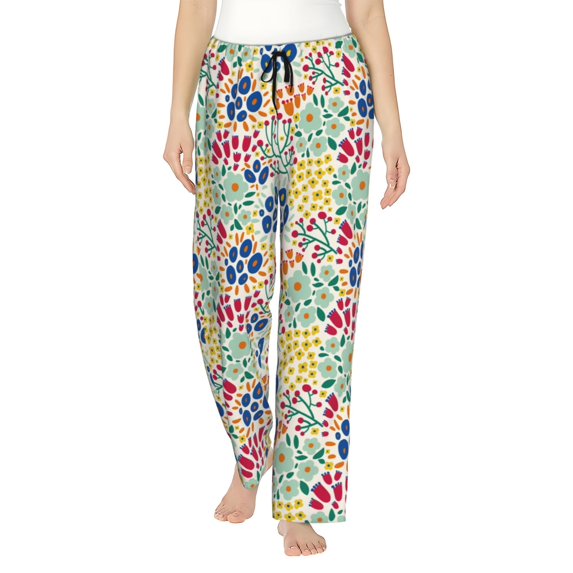 Uemuo Cartoon Flowers Pattern Women's Wide Leg Palazzo Lounge Pants with Pockets Light Weight Loose Comfy Casual Pajama Pants-Medium