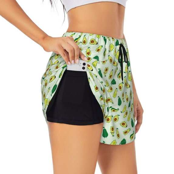 Uemuo Cartoon Fruit Pattern Women's Athletic Shorts High Waisted Running Shorts with Liner Pockets Gym Elastic Workout Shorts-