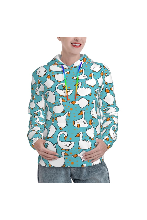 Cartoon Funny Goose Pattern Women's Hoodie with Eye-catching Drawstrings- Casual Pullover Hoodie with Kangaroo Pocket, Stylish Hooded Sweatshirt-Small