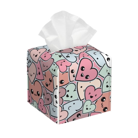 Uemuo Cartoon Hearts Tissue Box Cover Holder, Square with Bottom Belt - PVC Leather Decorative Organizer for Tabletop, Bathroom, Car, Office