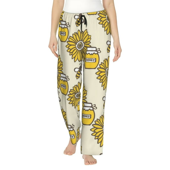 Uemuo Cartoon Honey Pot Bee Sunflower Pattern Women's Wide Leg Palazzo Lounge Pants with Pockets Light Weight Loose Comfy Casual Pajama Pants-Large
