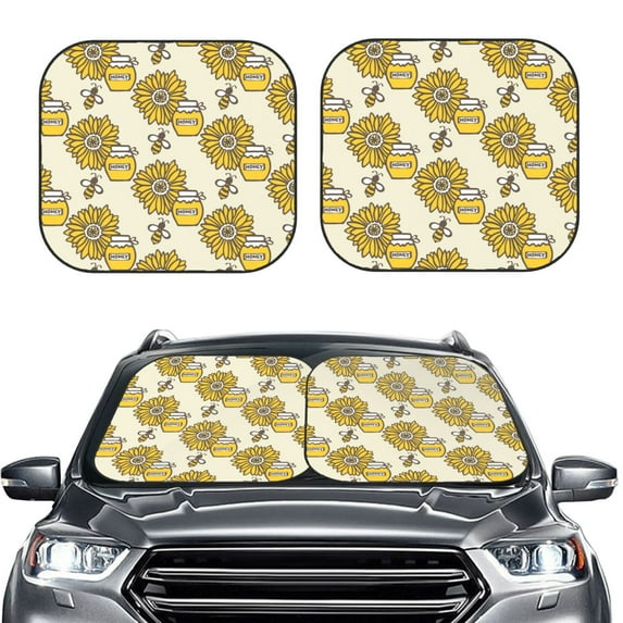 Uemuo Cartoon Honey Pot Bee Sunflower Printed 2 PCS Car Windshield Sun Shade, Auto Sun Heat and UV Rays Blocker, Foldable Automotive Front Window Sunshade Protector