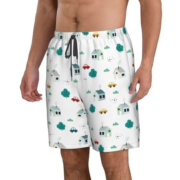 Uemuo Cartoon House Car Pattern Men's Swim Trunks Hawaiian Beach Bathing Suit Swimsuits Beach Quick-Dry Shorts with Pockets-3X-Large
