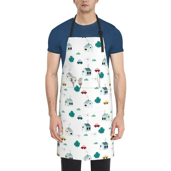 Uemuo Cartoon House Car Pattern Waterproof Apron Adjustable Dishwasher Apron- Apron for Women Men Heavy Duty Work Apron for Dishwashing Chemical Lab