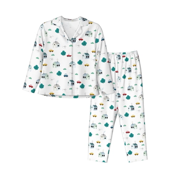 Uemuo Cartoon House Car Pattern Womens Pajama Sets,PJ Set for Women,Pajamas for Women Logo,Long Sleeve Pajama Set for Women,Soft Long Sleeve Top With Pants-XX-Large