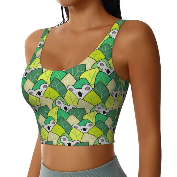 Uemuo Cartoon Koala Bear and Leaf Pattern Women's Sports Bra - High Impact Support, Breathable, and Comfortable Athletic Bra for Running, Yoga, and Workouts