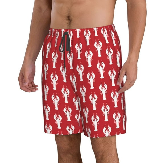 Uemuo Cartoon Lobster Pattern Men's Swim Trunks Hawaiian Beach Bathing Suit Swimsuits Beach Quick-Dry Shorts with Pockets-Large