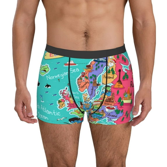 Uemuo Cartoon Map Of Europe Pattern Men's Boxer Briefs,Trunk Anti-Chafing,Comfortable, Durable, and Stylish Underwear-Small