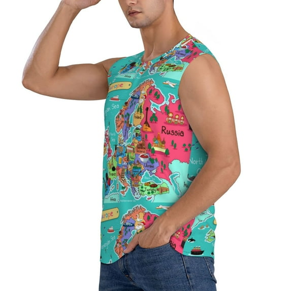 Uemuo Cartoon Map Of Europe Pattern Men's Sleeveless T-Shirt,Muscle Athletic Tank Top, Moisture-wicking Quick-dry Breathable Classic Tee Top for Gym Run Outdoor Sports-Medium
