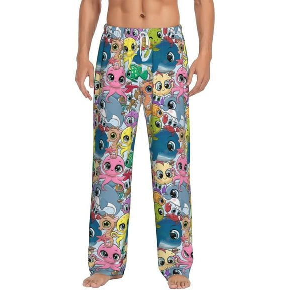 Uemuo Cartoon Marine Animals Pattern Men's Wide Leg Palazzo Lounge Pants with Pockets Light Weight Loose Comfy Casual Pajama Pants-Medium
