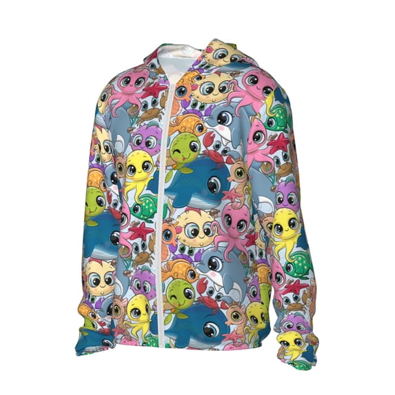 Uemuo Cartoon Marine Animals Pattern Women's Full Zip UPF 50+ Sun Protection Hoodie Jacket Long Sleeve Sun Shirt Hiking Outdoor Performance with Pockets-3X-Large