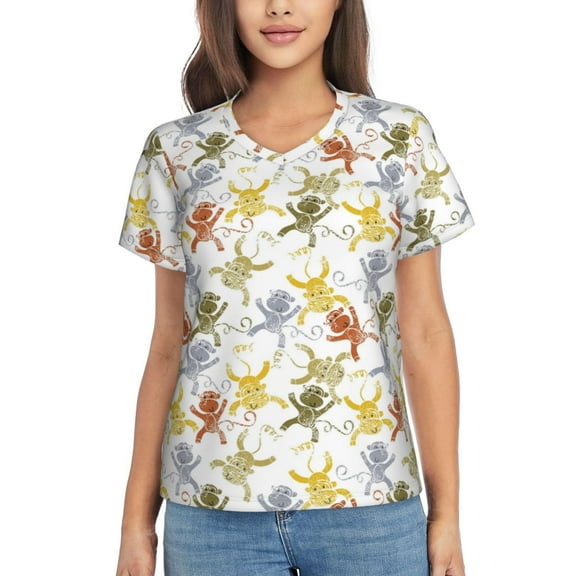 Uemuo Cartoon Monkey Printed Women's Classic V-Neck T-Shirt - Soft, Breathable, Moisture-Wicking, Perfect for Casual, Office, Travel, and Everyday Wear-XX-Large