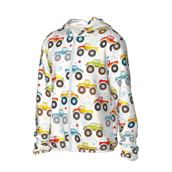 Uemuo Cartoon Monster Trucks Pattern Women's Full Zip UPF 50+ Sun Protection Hoodie Jacket Long Sleeve Sun Shirt Hiking Outdoor Performance with Pockets-X-Large
