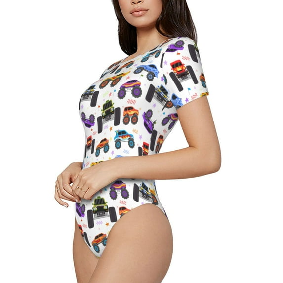 Uemuo Cartoon Monster Trucks1 Pattern Women's One Piece Short Sleeve Swimsuit Rash Guard Surfing Modest Quick-drying Swimsuit Beach Essentials-XX-Large