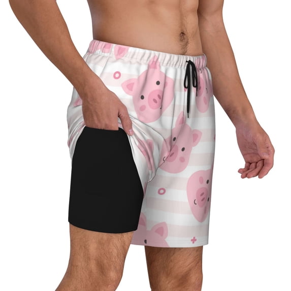 Uemuo Cartoon Pig Pattern Mens Swim Trunks Quick Dry Board Shorts with Mesh Lining, Stretch Beach Shorts Quick Dry No-Chafing Board Shorts-Medium