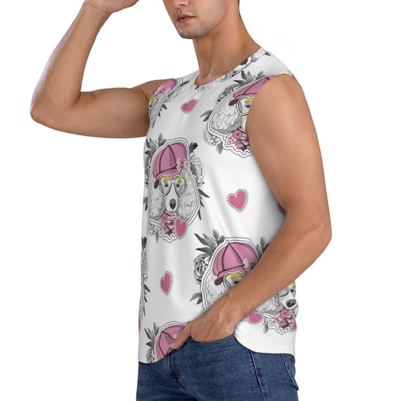 Uemuo Cartoon Poodle Dog Pattern Men's Sleeveless T-Shirt,Muscle Athletic Tank Top, Moisture-wicking Quick-dry Breathable Classic Tee Top for Gym Run Outdoor Sports-Large