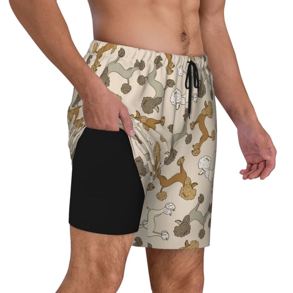 Uemuo Cartoon Poodle Dog Pattern Mens Swim Trunks Quick Dry Board Shorts with Mesh Lining, Stretch Beach Shorts Quick Dry No-Chafing Board Shorts-Medium