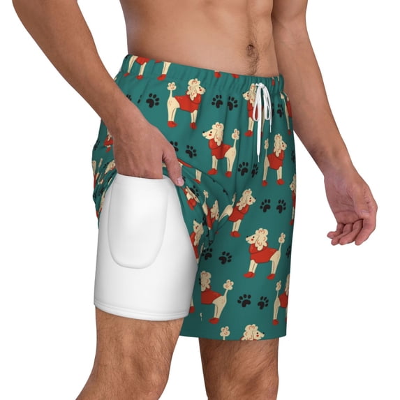 Uemuo Cartoon Poodle Dog Pattern Mens Swim Trunks Quick Dry Board Shorts with Mesh Lining, Stretch Beach Shorts Quick Dry No-Chafing Board Shorts-Medium
