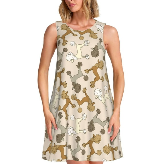 Uemuo Cartoon Poodle Dog Pattern Women’s Sleeveless Dress – Casual Summer A-Line Dress, Stylish and Comfortable Sundress for Hot Weather