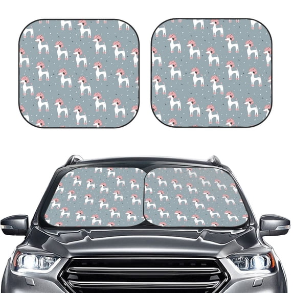 Uemuo Cartoon Poodle Dog Printed 2 PCS Car Windshield Sun Shade, Auto Sun Heat and UV Rays Blocker, Foldable Automotive Front Window Sunshade Protector