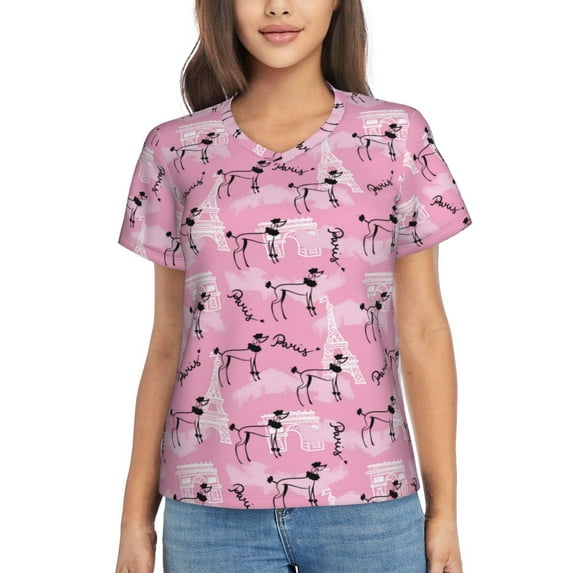 Uemuo Cartoon Poodle Dog Printed Women's Classic V-Neck T-Shirt - Soft, Breathable, Moisture-Wicking, Perfect for Casual, Office, Travel, and Everyday Wear-Small