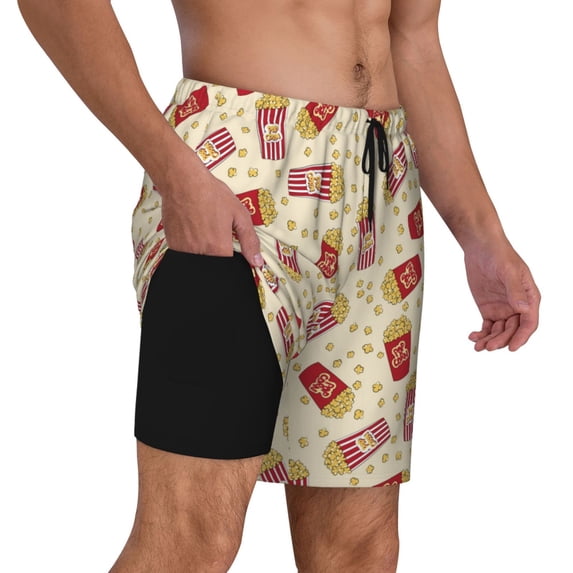 Uemuo Cartoon Popcorn Pattern Mens Swim Trunks Quick Dry Board Shorts with Mesh Lining, Stretch Beach Shorts Quick Dry No-Chafing Board Shorts-