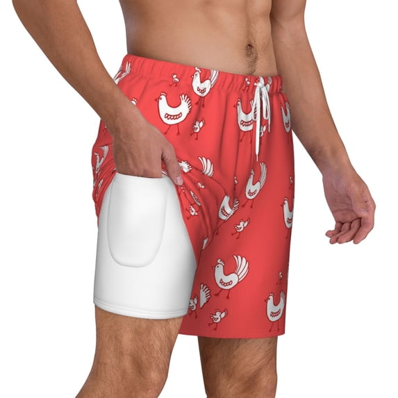 Uemuo Cartoon Rooster Pattern Mens Swim Trunks Quick Dry Board Shorts with Mesh Lining, Stretch Beach Shorts Quick Dry No-Chafing Board Shorts-Large