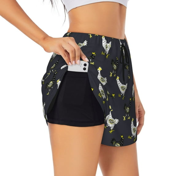 Uemuo Cartoon Rooster Pattern Women's Athletic Shorts High Waisted Running Shorts with Liner Pockets Gym Elastic Workout Shorts-Small