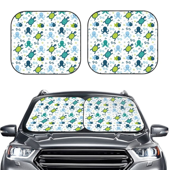 Uemuo Cartoon Sea Creatures Printed 2 PCS Car Windshield Sun Shade, Auto Sun Heat and UV Rays Blocker, Foldable Automotive Front Window Sunshade Protector