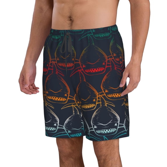 Uemuo Cartoon Sharks Pattern Men's Swim Trunks Hawaiian Beach Bathing Suit Swimsuits Beach Quick-Dry Shorts with Pockets-