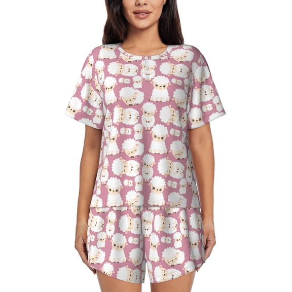 Uemuo Cartoon Sheep Pattern Women's Short-Sleeved Pajama, Button-Front Loungewear, 2-Piece Summer Sleepwear, Elastic Drawstring Shorts-Large