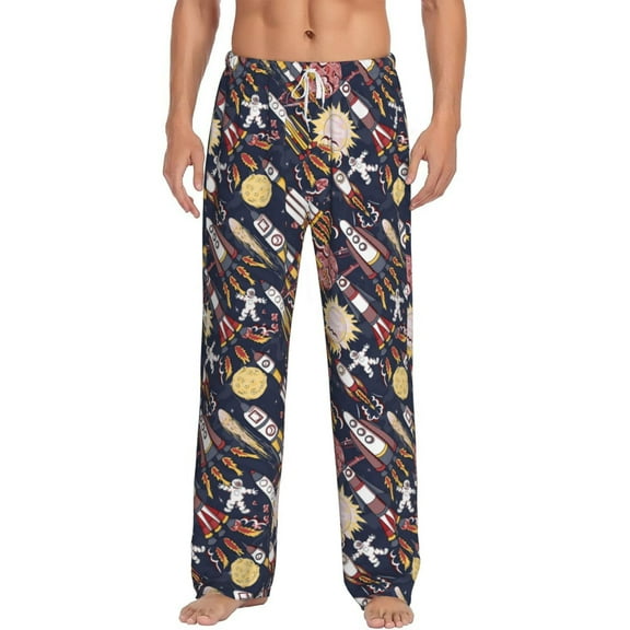 Uemuo Cartoon Space 1 Pattern Men's Wide Leg Palazzo Lounge Pants with Pockets Light Weight Loose Comfy Casual Pajama Pants-Small