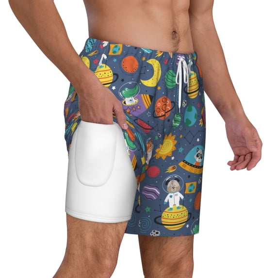 Uemuo Cartoon Space Pattern Mens Swim Trunks Quick Dry Board Shorts with Mesh Lining, Stretch Beach Shorts Quick Dry No-Chafing Board Shorts-X-Large