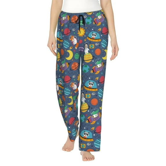 Uemuo Cartoon Space Pattern Women's Wide Leg Palazzo Lounge Pants with Pockets Light Weight Loose Comfy Casual Pajama Pants-Small