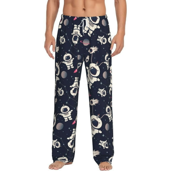 Uemuo Cartoon Spaceship Pattern Men's Wide Leg Palazzo Lounge Pants with Pockets Light Weight Loose Comfy Casual Pajama Pants-Medium
