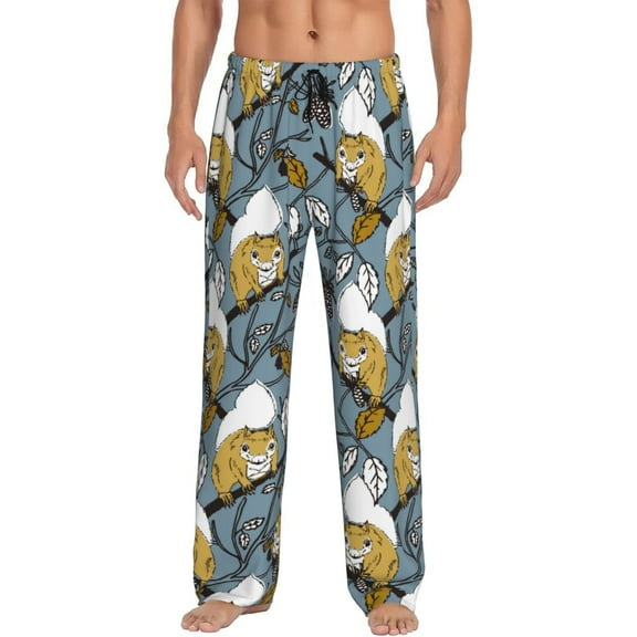 Uemuo Cartoon Squirrel on Branch Pattern Men's Wide Leg Palazzo Lounge Pants with Pockets Light Weight Loose Comfy Casual Pajama Pants-Medium