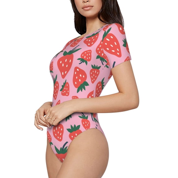 Uemuo Cartoon Strawberry Pattern Women's One Piece Short Sleeve Swimsuit Rash Guard Surfing Modest Quick-drying Swimsuit Beach Essentials-X-Large
