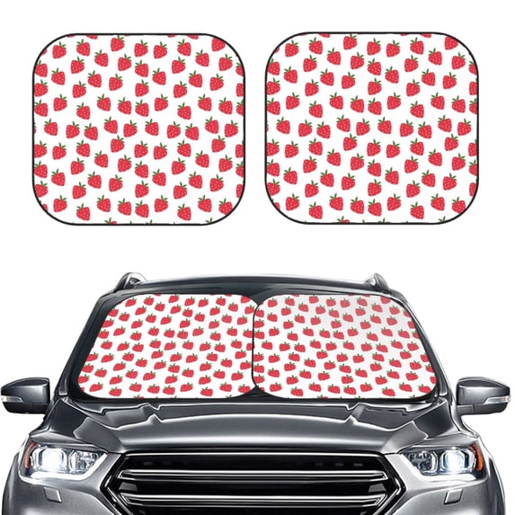 Uemuo Cartoon Strawberry Printed 2 PCS Car Windshield Sun Shade, Auto Sun Heat and UV Rays Blocker, Foldable Automotive Front Window Sunshade Protector