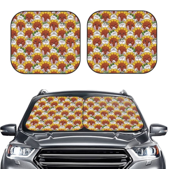 Uemuo Cartoon Sunflowers Printed 2 PCS Car Windshield Sun Shade, Auto Sun Heat and UV Rays Blocker, Foldable Automotive Front Window Sunshade Protector