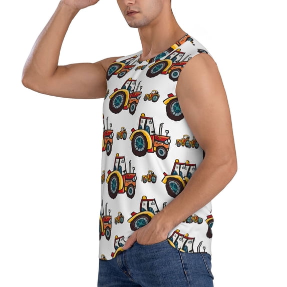 Uemuo Cartoon Tractor Pattern Men's Sleeveless T-Shirt,Muscle Athletic Tank Top, Moisture-wicking Quick-dry Breathable Classic Tee Top for Gym Run Outdoor Sports-X-Large