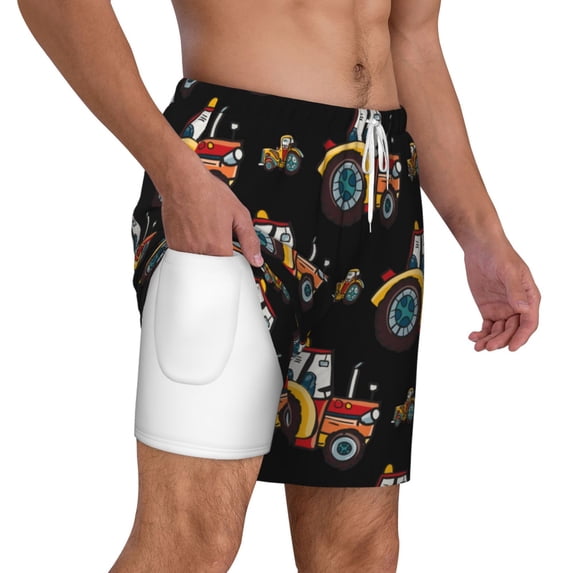 Uemuo Cartoon Tractor Pattern Mens Swim Trunks Quick Dry Board Shorts with Mesh Lining, Stretch Beach Shorts Quick Dry No-Chafing Board Shorts-3X-Large