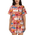 thumbnail image 1 of Uemuo Cartoon with Traffic Elements Pattern Women's Short-Sleeved Pajama, Button-Front Loungewear, 2-Piece Summer Sleepwear, Elastic Drawstring Shorts-X-Large, 1 of 7