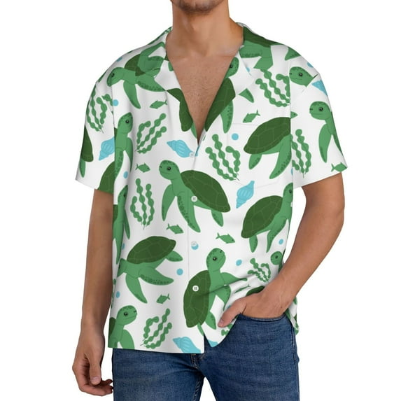 Uemuo Cartoon Turtle Pattern Cotton Linen Short Sleeve Shirts,Casual Lightweight Button Down Shirts,Vacation Beach Summer Tops-Large